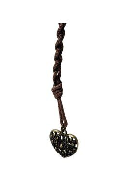 Vintage Heart Pendant Necklace Brown Braided Cord Antique Brass Filigree Charm